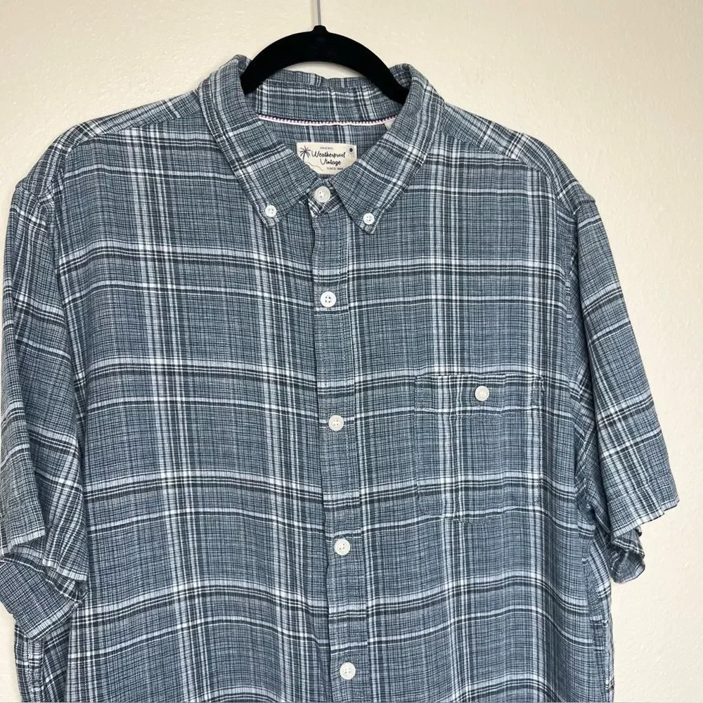 Weatherproof Vintage Linen Blend Blue Plaid Short Sleeve Button Front Men XL